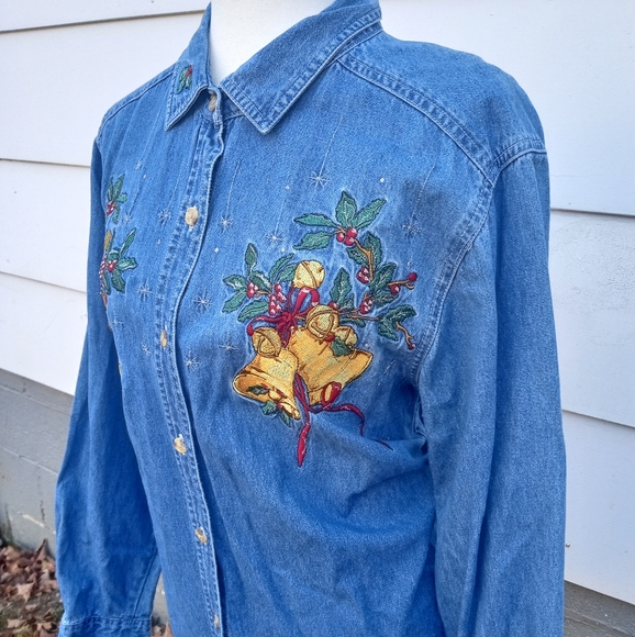 Vintage Christmas Blue Jean Button Up - Picture 1 of 6
